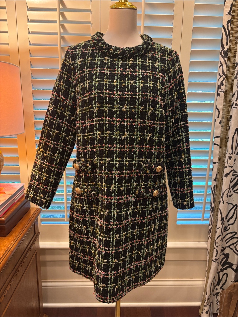 Tuckernuck Black Tweed Shift Dress with Pink and Green Grid